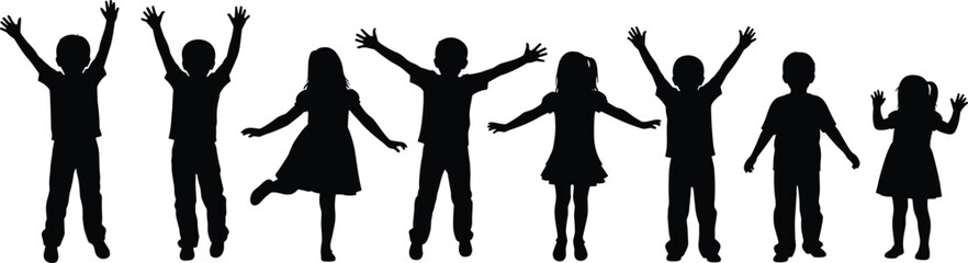 Silhouettes of Children Standing and Playing – Vector Illustration of Diverse Poses Depicting Joy, Movement, and Childhood Expression