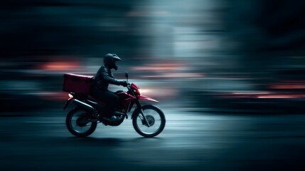 Fototapeta premium Delivery motorbike speeding through a busy urban setting at night