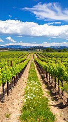 Vineyard rows stretch to mountains under a vibrant sky