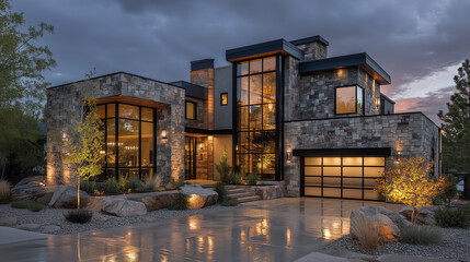 Modern Residential Architecture With Elegant Design: Contemporary Luxury Houses Surrounded By Trees With Minimalist Facades And Large Windows At Sunset And Daylight