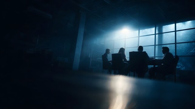 Logistics team meeting in a warehouse office under fluorescent lighting