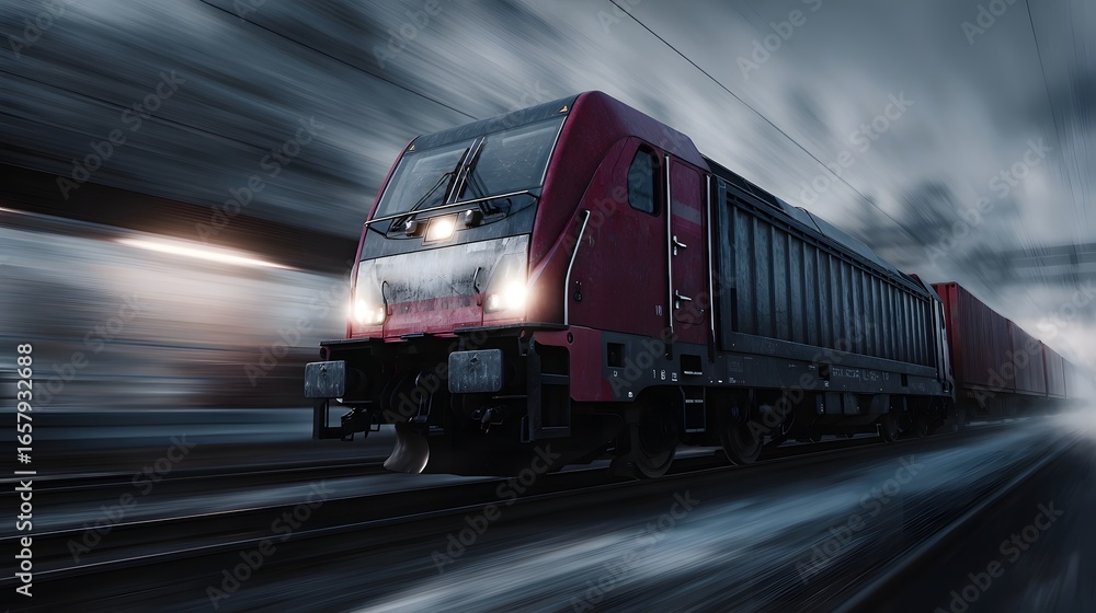 Poster high speed train transporting cargo containers with dynamic lighting and sharp focus