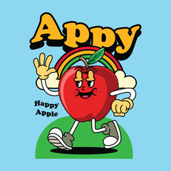 Cute apple Fruit vintage character illustration