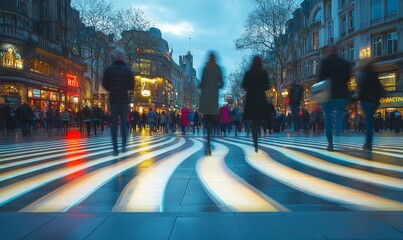 Vibrant city square bustling with activity in the evening, showcasing the innovative Pavegen technology, which captures the kinetic energy of pedestrians walking over the square, Generative AI