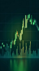 Minimalist candlestick chart with green upward momentum, professional modern layout, copy space area