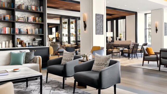 A modern hotel lobby showcases a comfortable seating area with bookshelves and a coffee bar.