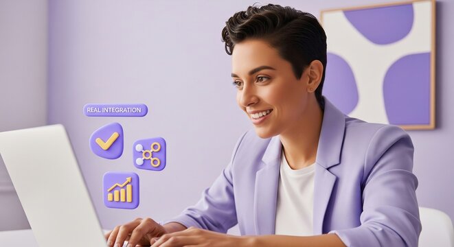 Smiling businesswoman working on laptop with 3D icons representing digital integration and data growth