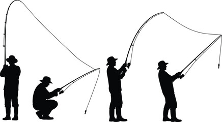 Obraz premium Silhouettes of People Fishing – Vector Illustration of Outdoor Leisure, Casting Poses, and Fishing Rod Techniques on White Background
