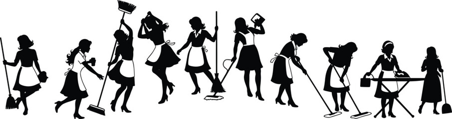 Silhouettes of Women Doing Household Chores – Vector Illustration of Domestic Work, Cleaning Tools, and Everyday Home Activities