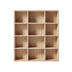 Empty wooden bookshelf with square shelves
