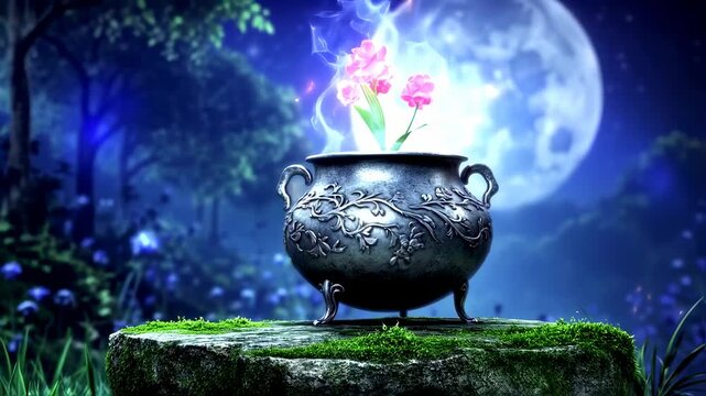 Enchanted cauldron with mystical flowers under a celestial moonlit sky