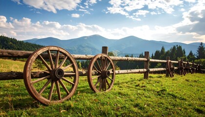 Rustic wooden wagon wheels stand beside a weathered fence in a sunlit mountain meadow.