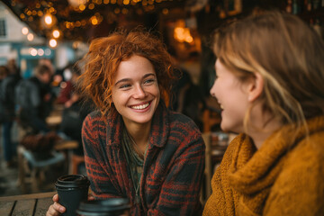 Warm Autumn Café Atmosphere: Friends Smiling And Laughing Together While Enjoying Coffee And Conversation Outdoors