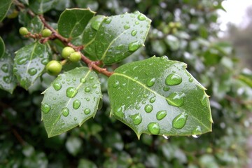 Close-up of a branch with wet, green leaves and small berries