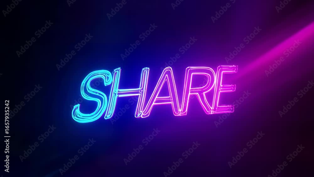 Poster vibrant neon text displaying the word 'share' with a dynamic glow effect in a dark setting