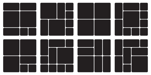 Bento grid vector square layouts. Geometric tiles pattern for photo collage, website layout, etc. Trendy tiling frames arrangements and presentation templates for social media.
