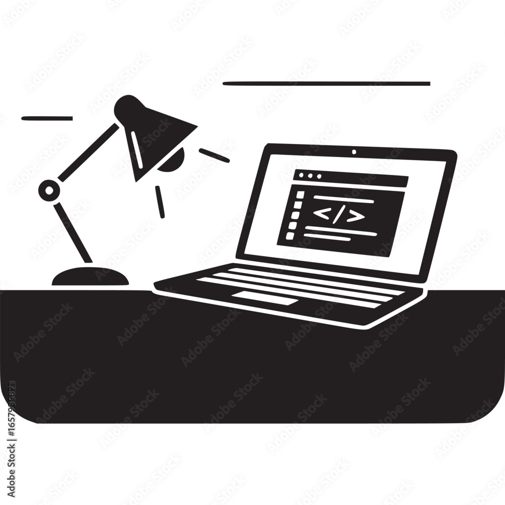 Poster laptop on desk with lamp isolated on white background, representing coding, programming, and softwar