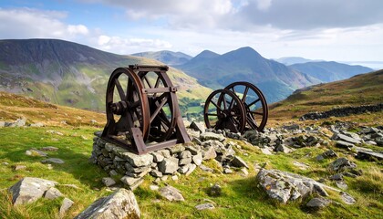 Fototapeta premium Rusty Mining Wheels in a Scenic Mountain Landscape.