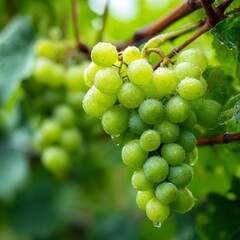 Close-up of a fresh cluster of grapes on lush green vines, covered with morning dew drops