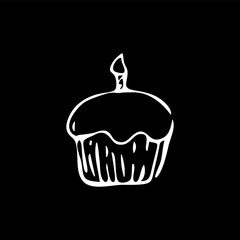 Cupcake white on black with a brush with a liner pen.Grunge texture on black background. Children's cartoon Illustration drawing sketch with uneven lines. Sweetness; treat; dessert; cake; coffee food