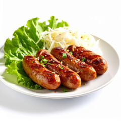 the image showcases a white plate featuring four sausages as the main element. these sausages have visible grill marks, with sesame seeds and chopped green garnish sprinkled on top