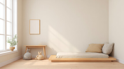A minimalist bedroom interior featuring a wooden bed and table against a light beige wall, showcasing tranquility.