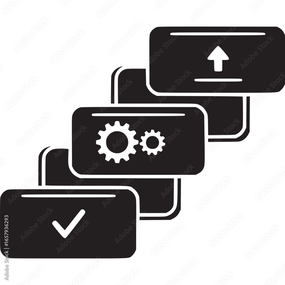 Poster upload, settings, and checkmark icons isolated on white background, representing a process interface