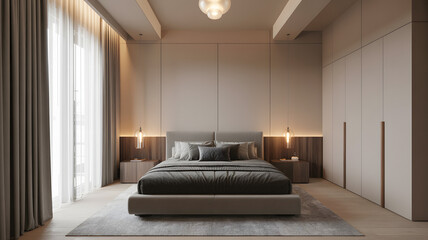 Modern bedroom with a large bed soft lighting and elegant curtains
