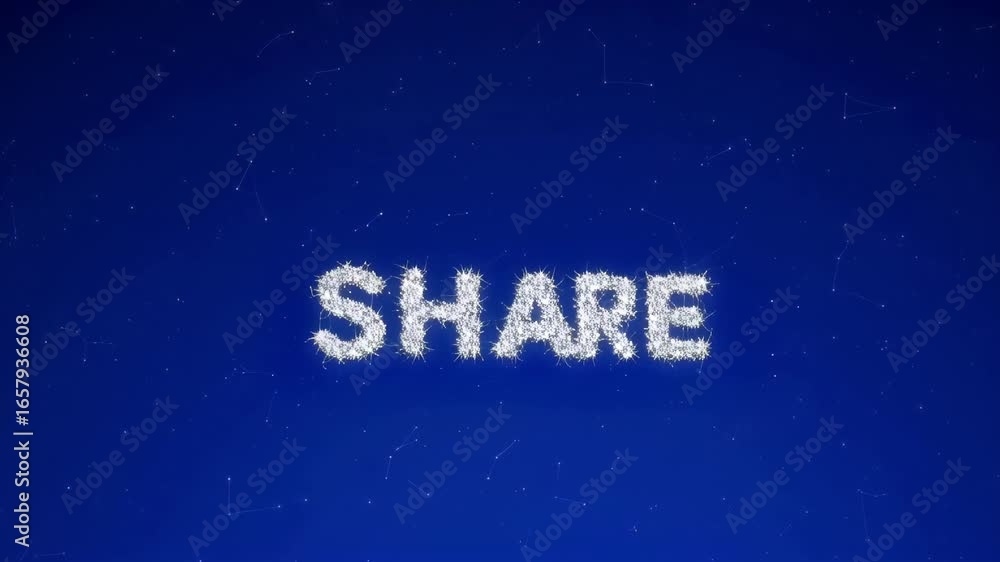 Aufkleber text illuminated in glowing particles spelling out the word 'share' against a dark blue background w