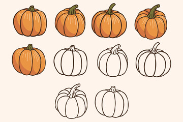 Hand Drawn Vintage Autumn Pumpkin Illustration Set - Color and Outline Version