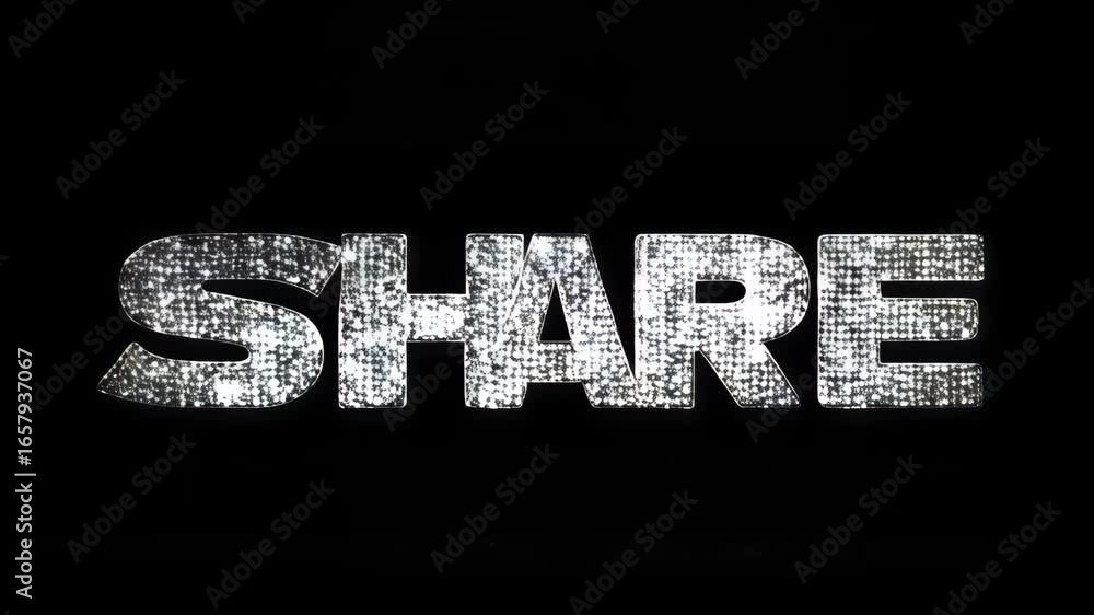 Poster illuminated text displaying the word 'share' on a dark background, with a textured pattern of charac