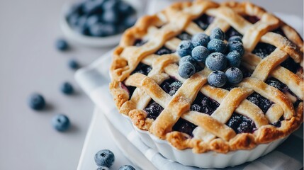 Blueberry pie on pastel light background with copy space, designed for Instagram post template. Food photography for baking recipes and dessert brand marketing.