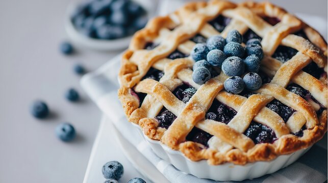 Blueberry pie on pastel light background with copy space, designed for Instagram post template. Food photography for baking recipes and dessert brand marketing.