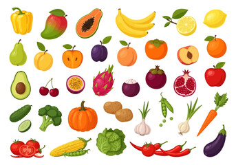 Colorful assortment of various fruits and vegetables, including mango, papaya, banana, lemon, peach, avocado, cherries, dragon fruit, pomegranate, tomato, corn, and eggplant.