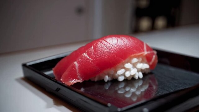 Fresh tuna sushi and glossy rice with vibrant fish, gourmet Japanese cuisine, artful food creations on elegant trays in modern restaurant
