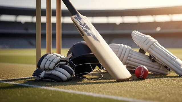 Ultra-Realistic 4K Close-Up of Cricket Bat, Gloves, Helmet, and Pads on Pitch with Wickets