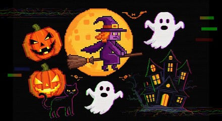 Spooky retro Halloween pixel art featuring a witch flying on a broomstick, haunted house, pumpkins, a bat, black cat, and friendly ghosts creating a nostalgic Halloween vibe
