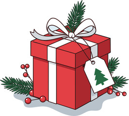 Close-up illustration of a red Christmas gift box with a white ribbon, decorated with pine branches and berries, against a white background, conveying a festive mood.