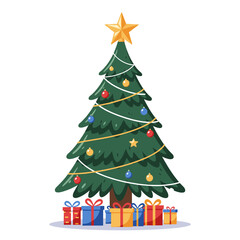 Flat lay illustration of a decorated Christmas tree with colorful presents at its base against a white background, conveying a festive mood.