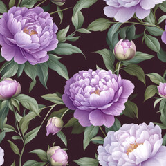 Purple peonies with lush green leaves create elegant floral pattern on dark background, showcasing seamless design perfect for textiles or wallpapers