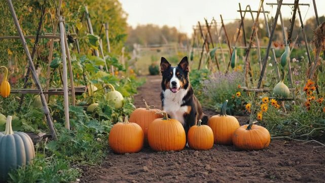 Adorable dog guarding pumpkin harvest in autumn garden at sunset time, ready for fall festivities