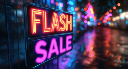 Vibrant neon sign displaying Flash Sale in lively urban night scene with colorful reflections on wet pavement, creating energetic atmosphere