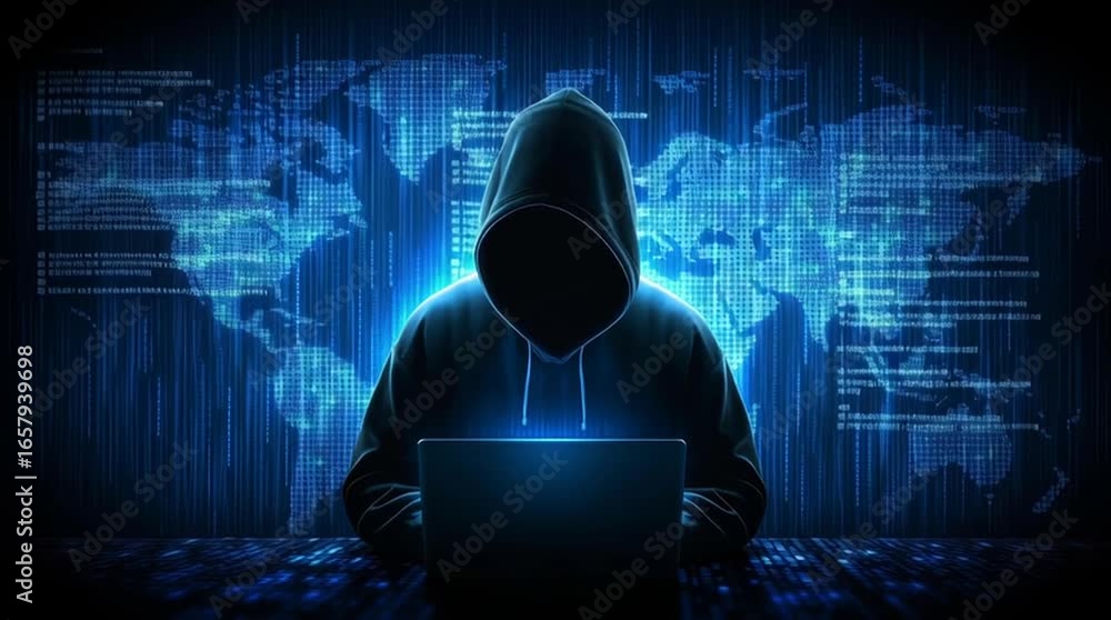 Poster anonymous person in a hooded sweatshirt intently typing on a laptop computer in a dark setting illus