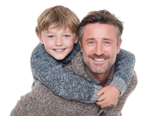 Happy son hugs smiling dad, family love and affection moment