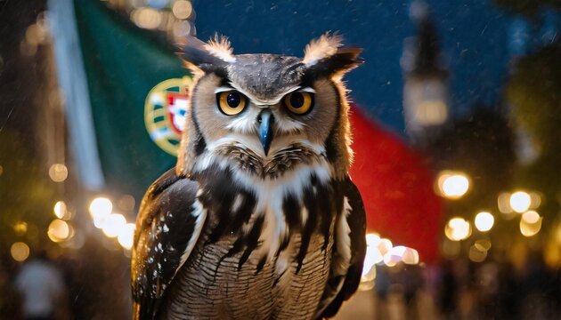 A realistic illustration of a majestic Eurasian eagle-owl perched at night, with a crescent moon and the flag of Portugal in the background. AI generated content.