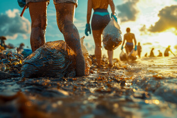 People collect trash along the shoreline as the sun sets, working together to restore the beauty of the beach