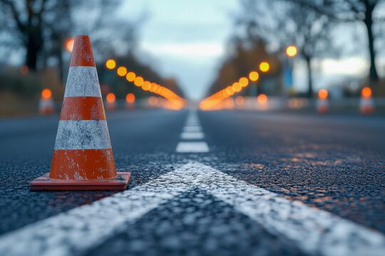 A single orange and white cone sits on a dark, empty road illuminated by distant warm lights, creating a calm, evening atmosphere