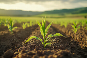 A young corn plant emerges from rich soil in a tranquil rural setting at sunset, showcasing vibrant green leaves and a peaceful horizon