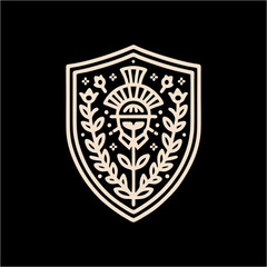 Vintage Classic Floral Shield Roman and Greek Line Drawing Style Logo Design, T-shirt and Streetwear