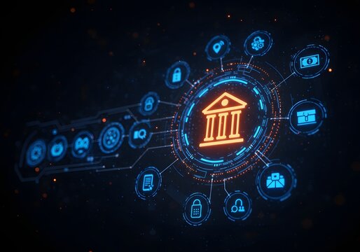 Glowing classical bank icon surrounded by digital interface elements representing finance, on a blue futuristic background, concept of digital banking